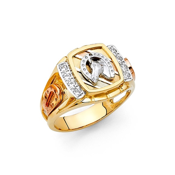 14K Tri Color CZ Lucky Horseshoe Men's Ring